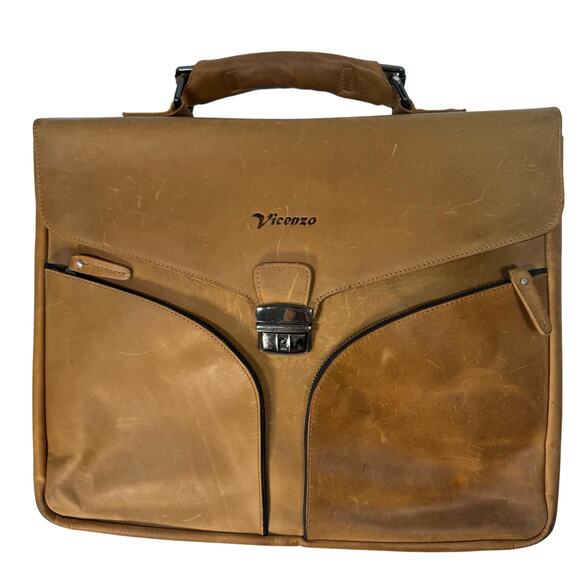 Vintage Vicenzo Brown Genuine Leather Briefcase Laptop Messenger Bag - Picture 2 of 12